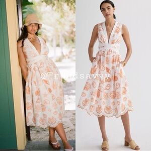 ANTHROPOLOGIE Shell Embroidered Eyelet Cutout Midi Dress Peach Plus Size 16W NWT
